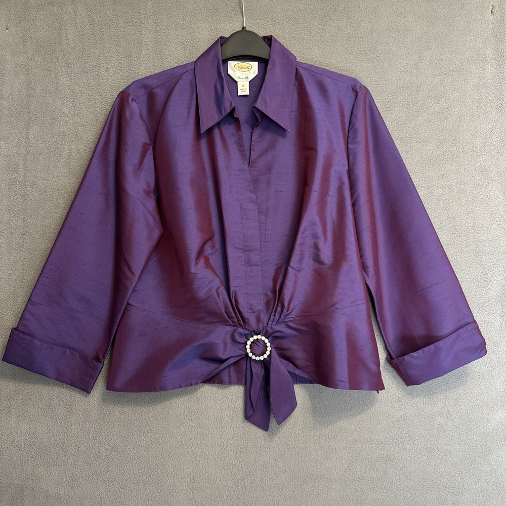 VTG Talbots 100% Silk Tie‎ Front Button Up Top Size 12 Purple Formal Iridescent